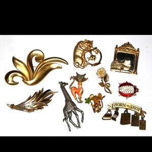 Vintage brooch lot estate fashion jewelry cat daisy ladybug giraffe. JJ Jonette